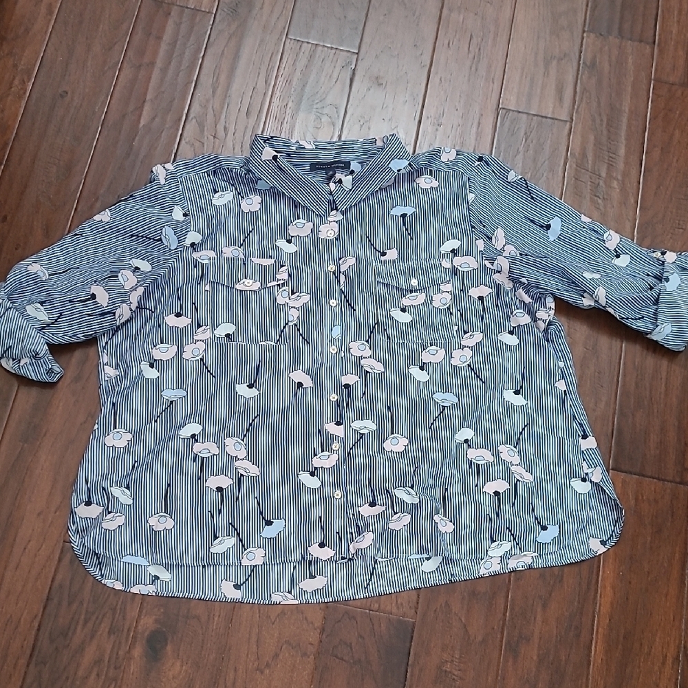 Tommy Hilfiger Navy Blue, Pink & White Striped Floral Button-up Top size 3X